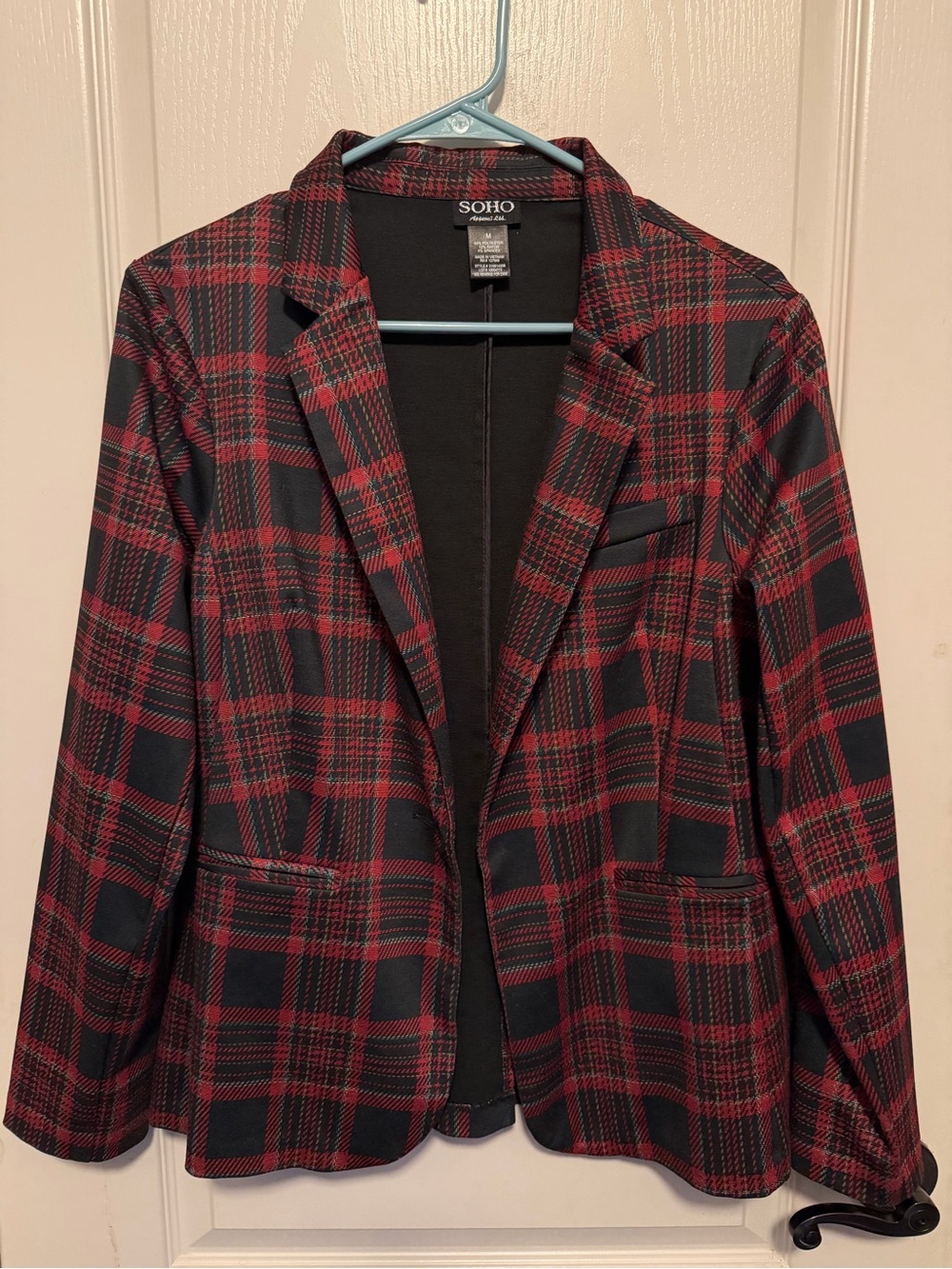 SOHO Red and Black Plaid Open-Front Blazer